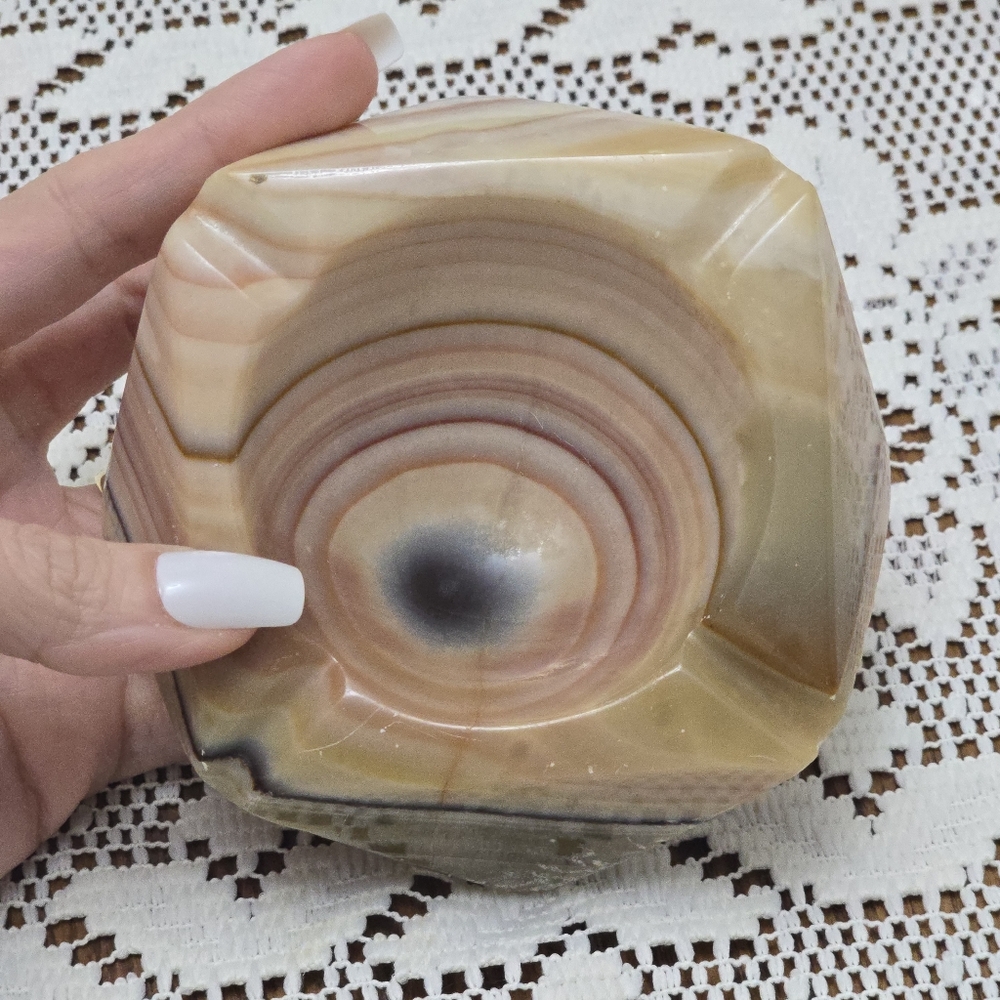 Vintage MCM Onyx Ashtray Marble Alabaster Heavy Stone Cream Green Pink Tan - Picture 2 of 16
